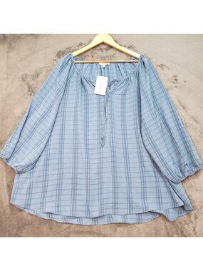 Como Blouse Size 3X Womens Blue Boho Peasant 3/4 Sleeve Tie Neck Top Dressy Work